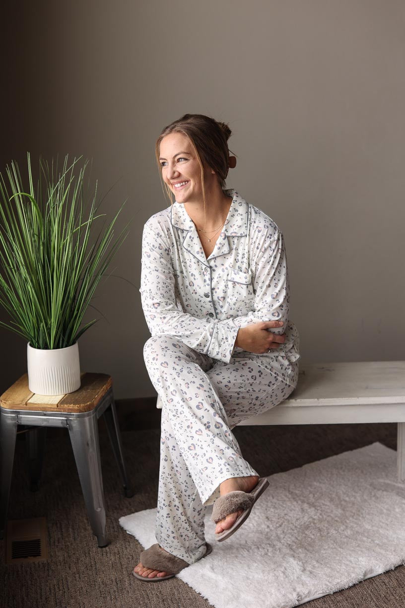 White Leopard Print Long Sleeve Pajama Lounge Set Classy Closet Online Boutique Near me