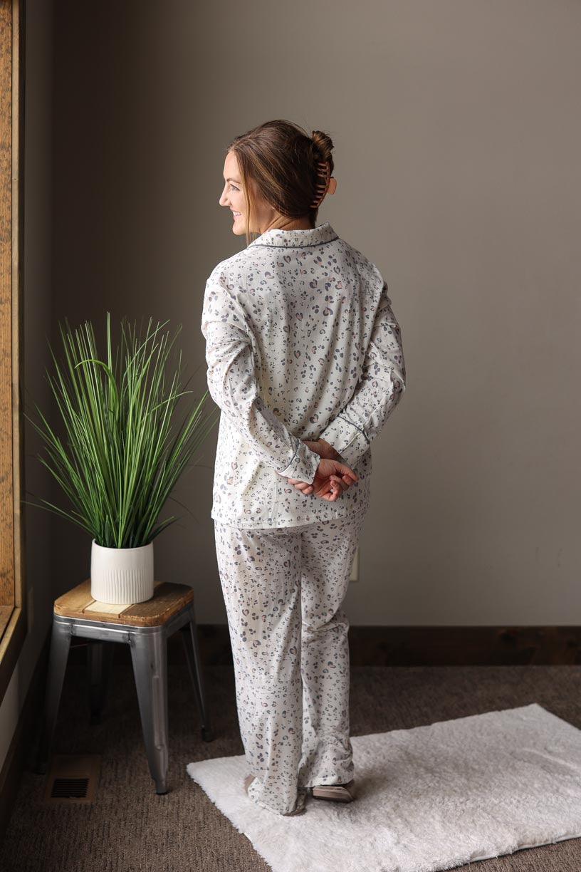 White Leopard Print Long Sleeve Pajama Lounge Set Classy Closet Online Boutique Near me