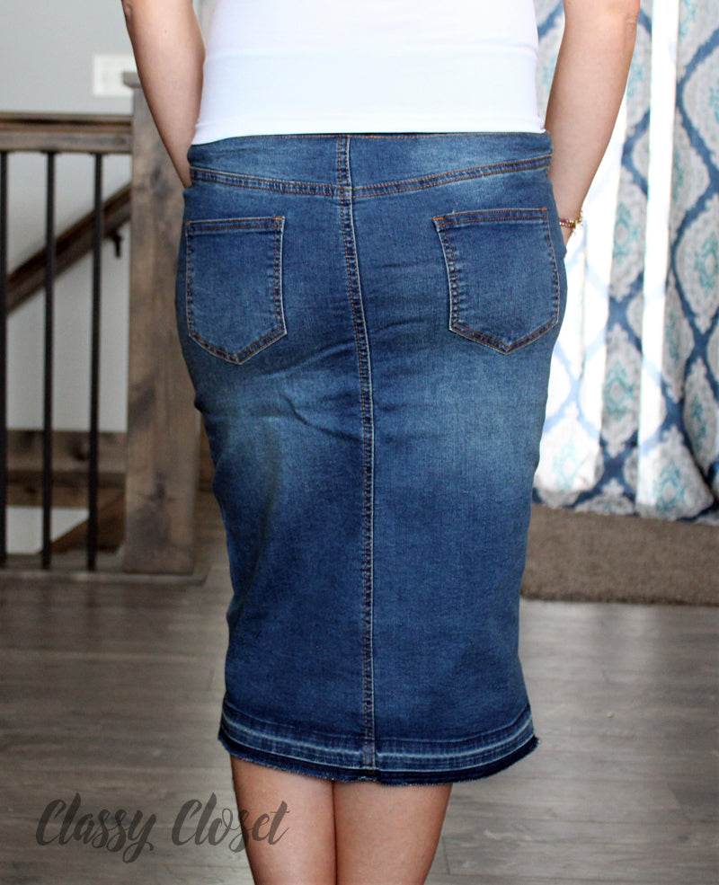 Maternity Denim Knee Length Skirt Classy Closet Online Boutique Near Me