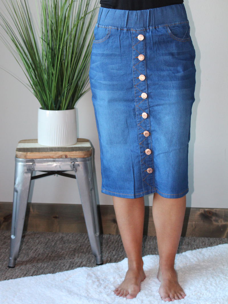 Elastic Waist Button Front Stretch Denim Skirt •  XS