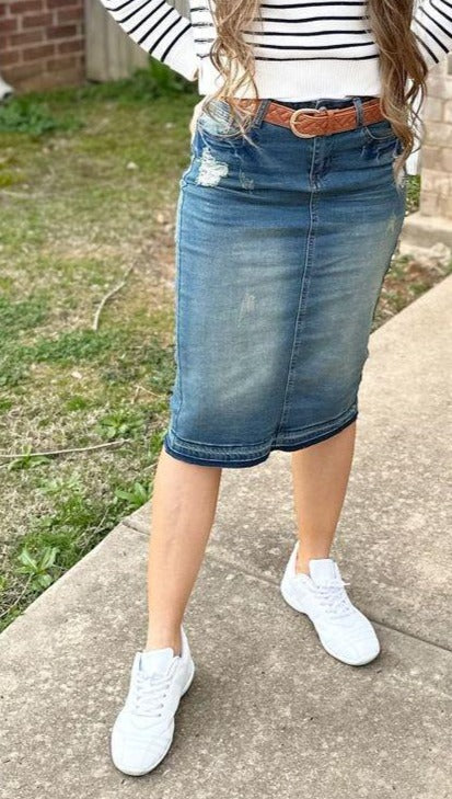 Madison Distressed Midi Denim Skirt for Women's Modest Denim Skirts at Classy Closet Boutique Near Me