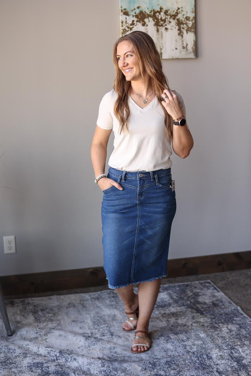 Indie Belted Midi Denim Skirt Women's Modest Apparel Outfits at Classy Closet Online Boutique for Women's Cute Outfits