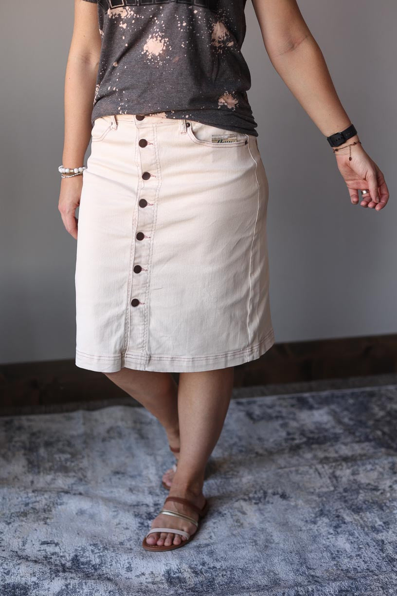Ivory Pink Stitching Button Down A-Line Skirt • XS