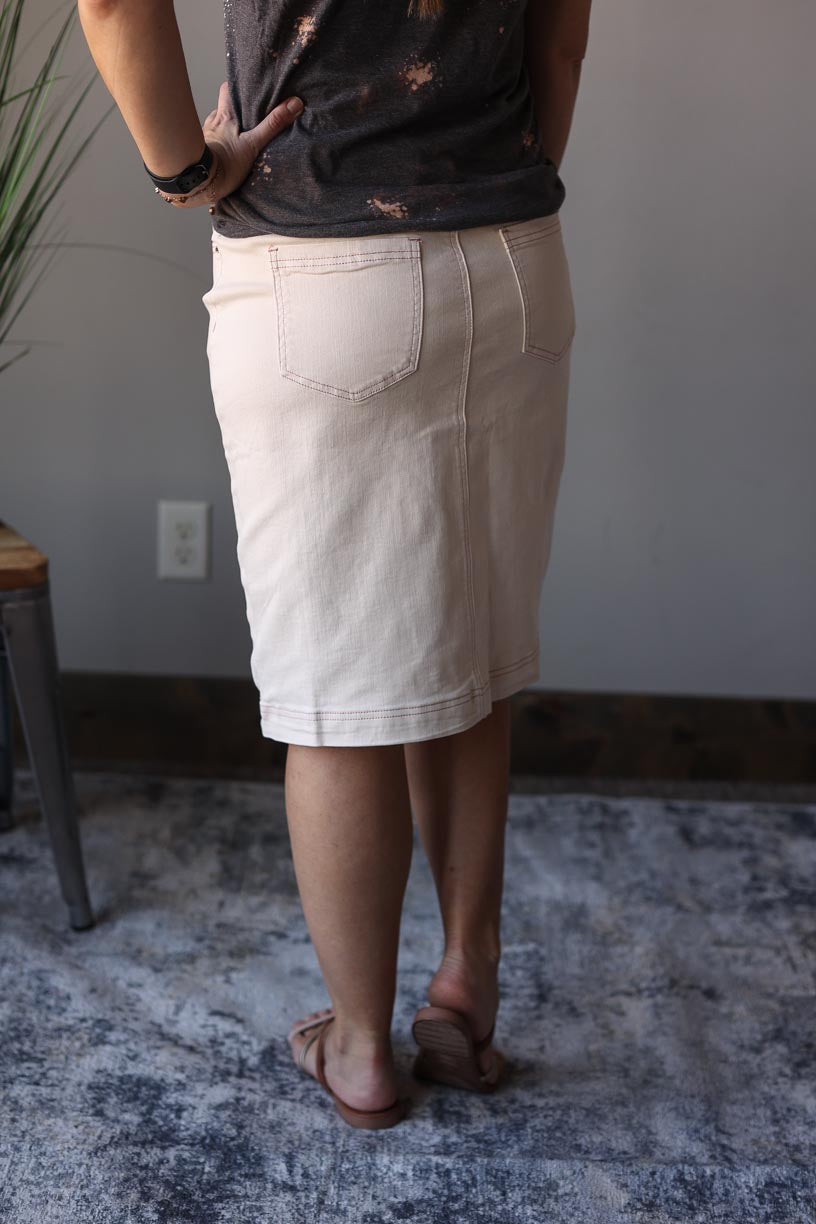 Ivory Pink Stitching Button Down A-Line Skirt