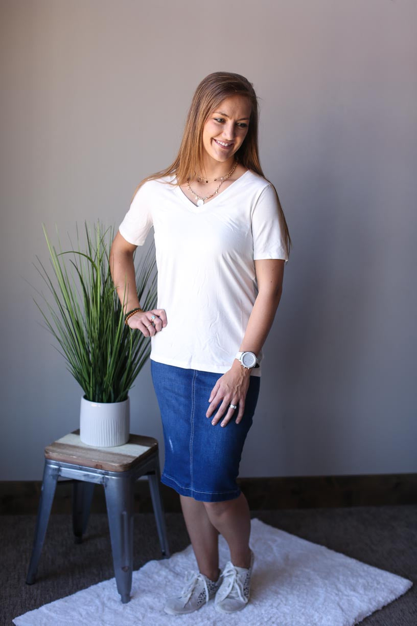 IVORY V-NECK BASIC LAYERING TEE CLASSY CLOSET ONLINE BOUTIQUE FOR MODERN MODESTY IS CLASSY