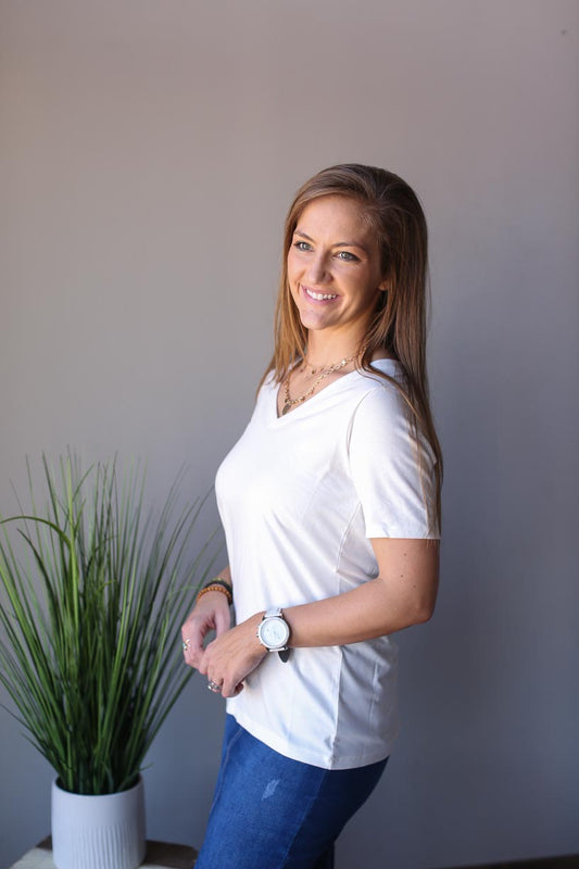 IVORY V-NECK BASIC LAYERING TEE CLASSY CLOSET ONLINE BOUTIQUE FOR MODERN MODESTY IS CLASSY