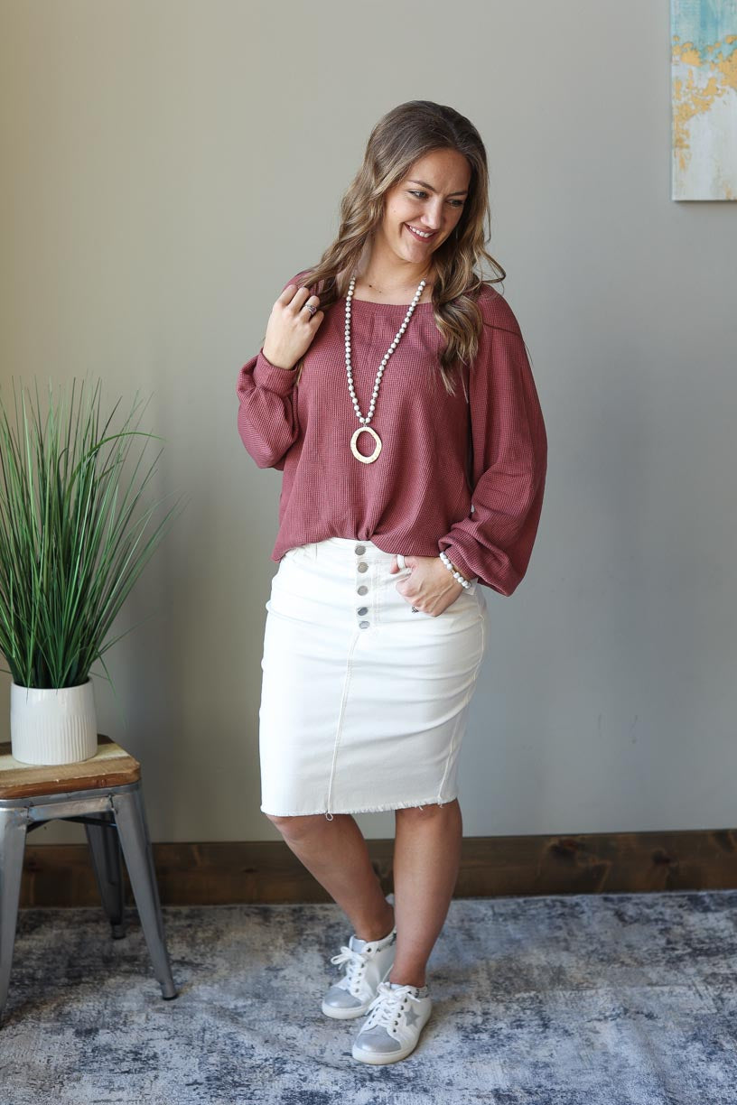 Mauve Square Neck Puff Long Sleeve Waffle Knit Top | Casual Workwear Spring Outfit Modest Women's Clothing BOutique Near Me
