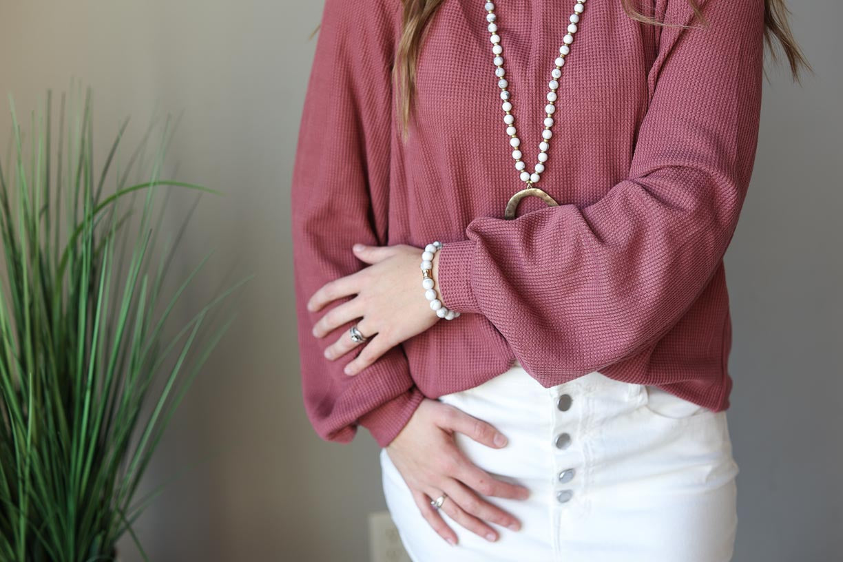 Mauve Square Neck Puff Long Sleeve Waffle Knit Top | Casual Workwear Spring Outfit Modest Women's Clothing BOutique Near Me