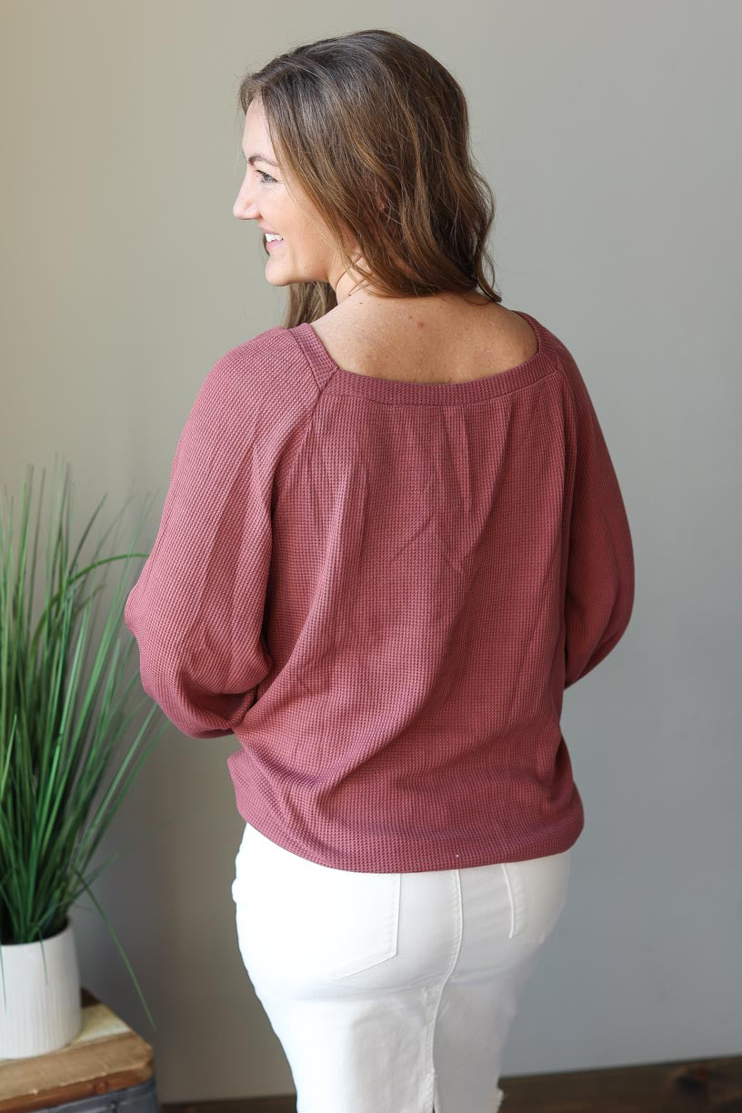 Mauve Square Neck Puff Long Sleeve Waffle Knit Top | Casual Workwear Spring Outfit Modest Women's Clothing BOutique Near Me