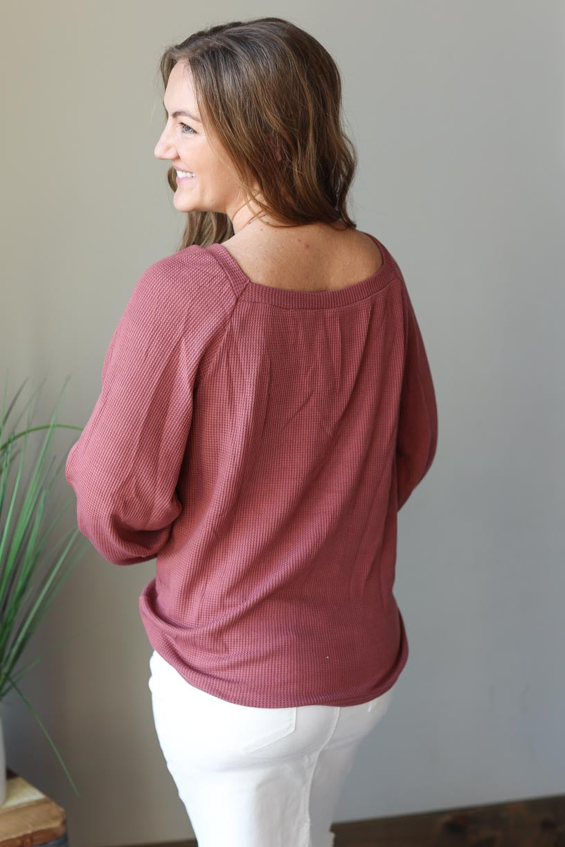 Mauve Square Neck Puff Long Sleeve Waffle Knit Top | Casual Workwear Spring Outfit Modest Women's Clothing BOutique Near Me