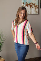 Leopard Contrast V-Neck Multi Stripe Short Sleeve Top Everyday Casual Outfit for Modest Women's Fashion at Classy Closet Online Boutique Near Me
