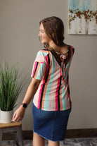 Leopard Contrast V-Neck Multi Stripe Short Sleeve Top Everyday Casual Outfit for Modest Women's Fashion at Classy Closet Online Boutique Near Me