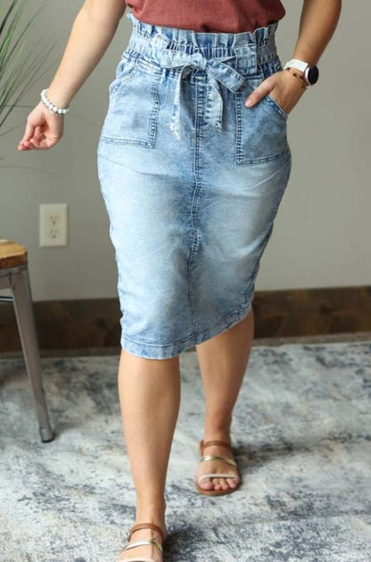Ava Elastic Waist Paperbag Midi Denim Skirt • S-XL