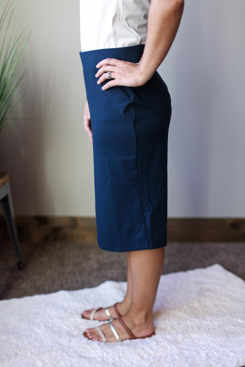 Dark Navy Butter Soft Midi Skirt Hard to Find Skirts at Classy Closet Online Boutique Near Me