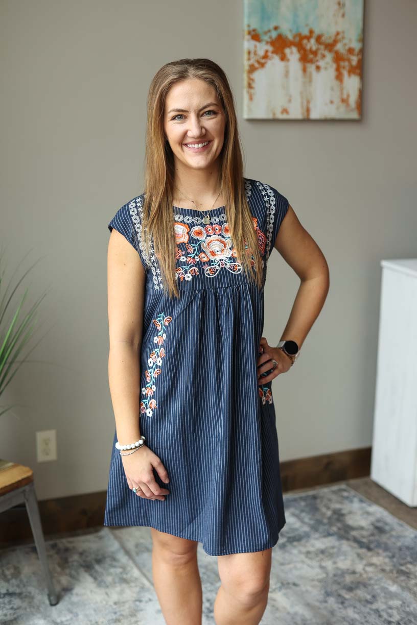 Navy White Stripe Embroidered Dress is the perfect choice for sophisticated summer events and weddings at Classy Closet Women's Modest Boutique