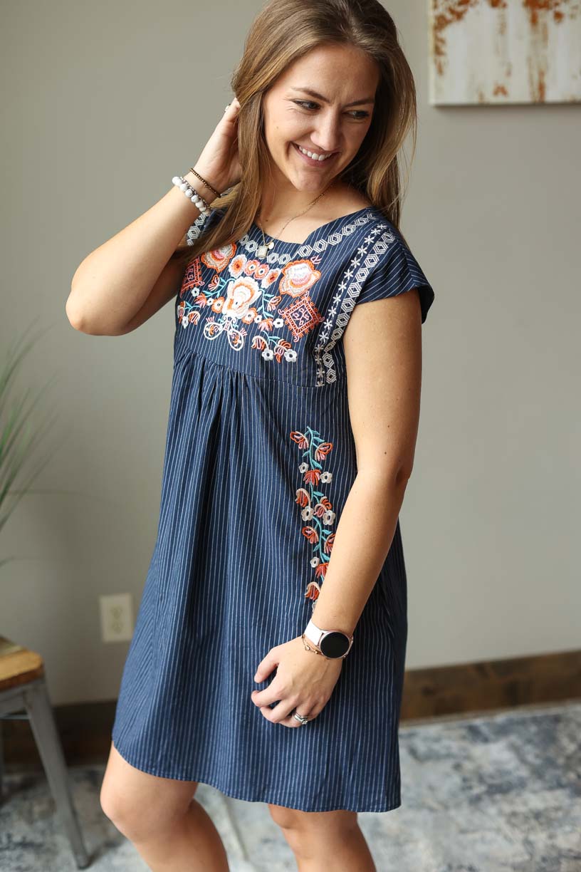 Navy White Stripe Embroidered Dress is the perfect choice for sophisticated summer events and weddings at Classy Closet Women's Modest Boutique