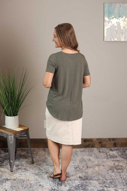Olive Short Sleeve Henley Top Casual Summer Denim Skirt Outfits Classy Closet Boutique