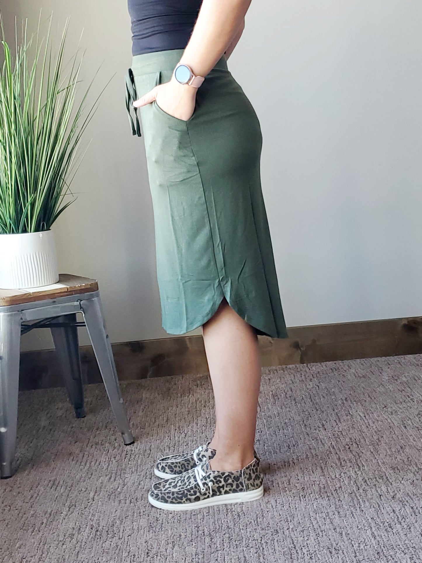 Olive Elastic Waist Self Tie Hi-Low Hem Midi Skirt Classy Closet Modest Boutique Near Me for Women