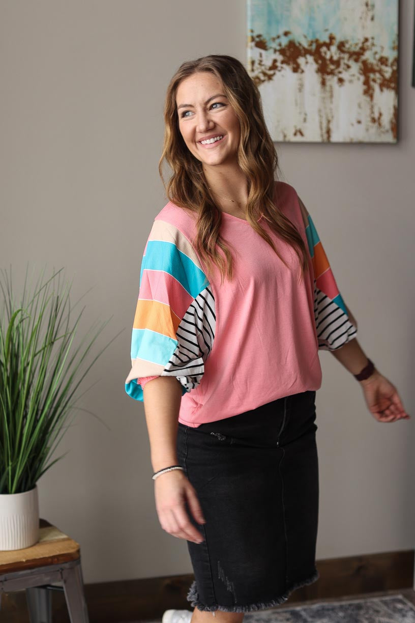 Pink Multi Stripe Dolman Sleeve V-Neck Top Everyday Casual Top for Women at Classy Closet Online Clothing Boutique Near Me