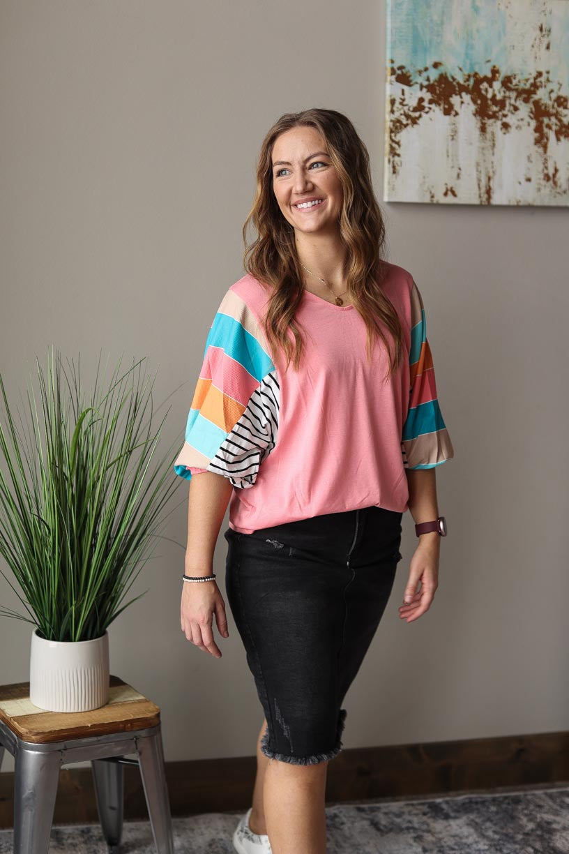 Pink Multi Stripe Dolman Sleeve V-Neck Top Everyday Casual Top for Women at Classy Closet Online Clothing Boutique Near Me