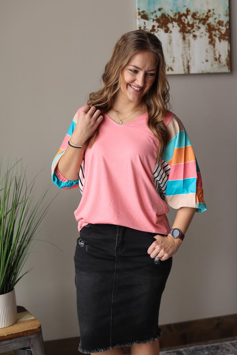 Pink Multi Stripe Dolman Sleeve V-Neck Top Everyday Casual Top for Women at Classy Closet Online Clothing Boutique Near Me