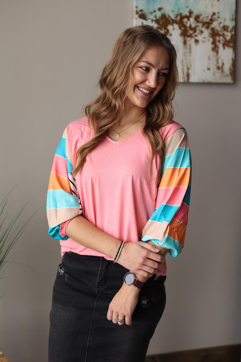 Pink Multi Stripe Dolman Sleeve V-Neck Top Everyday Casual Top for Women at Classy Closet Online Clothing Boutique Near Me