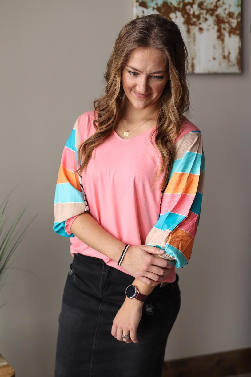 Pink Multi Stripe Dolman Sleeve V-Neck Top Everyday Casual Top for Women at Classy Closet Online Clothing Boutique Near Me