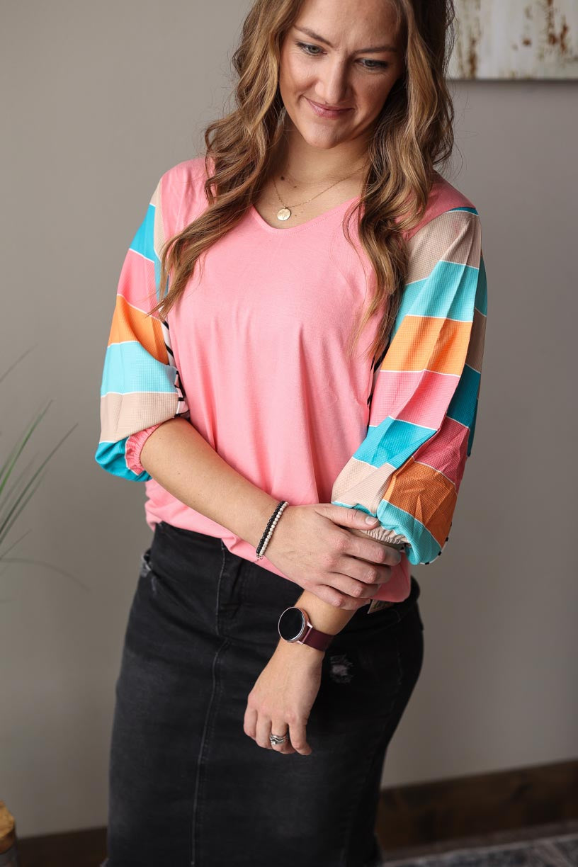 Pink Multi Stripe Dolman Sleeve V-Neck Top Everyday Casual Top for Women at Classy Closet Online Clothing Boutique Near Me