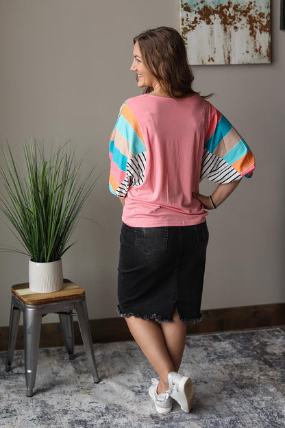 Pink Multi Stripe Dolman Sleeve V-Neck Top Everyday Casual Top for Women at Classy Closet Online Clothing Boutique Near Me