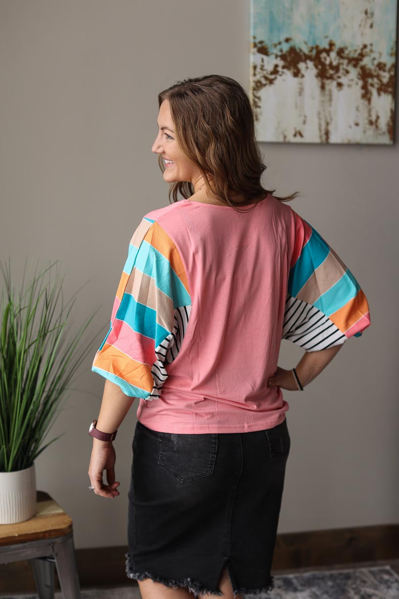 Pink Multi Stripe Dolman Sleeve V-Neck Top Everyday Casual Top for Women at Classy Closet Online Clothing Boutique Near Me