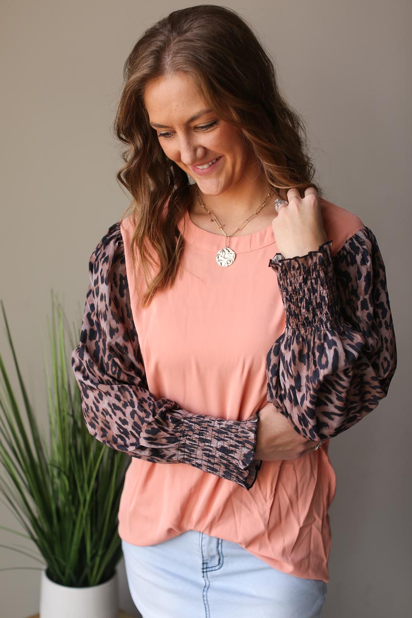 Peach Animal Contrast Sleeve Spring Easter Top for Women Classy Closet Online Boutique Near Me