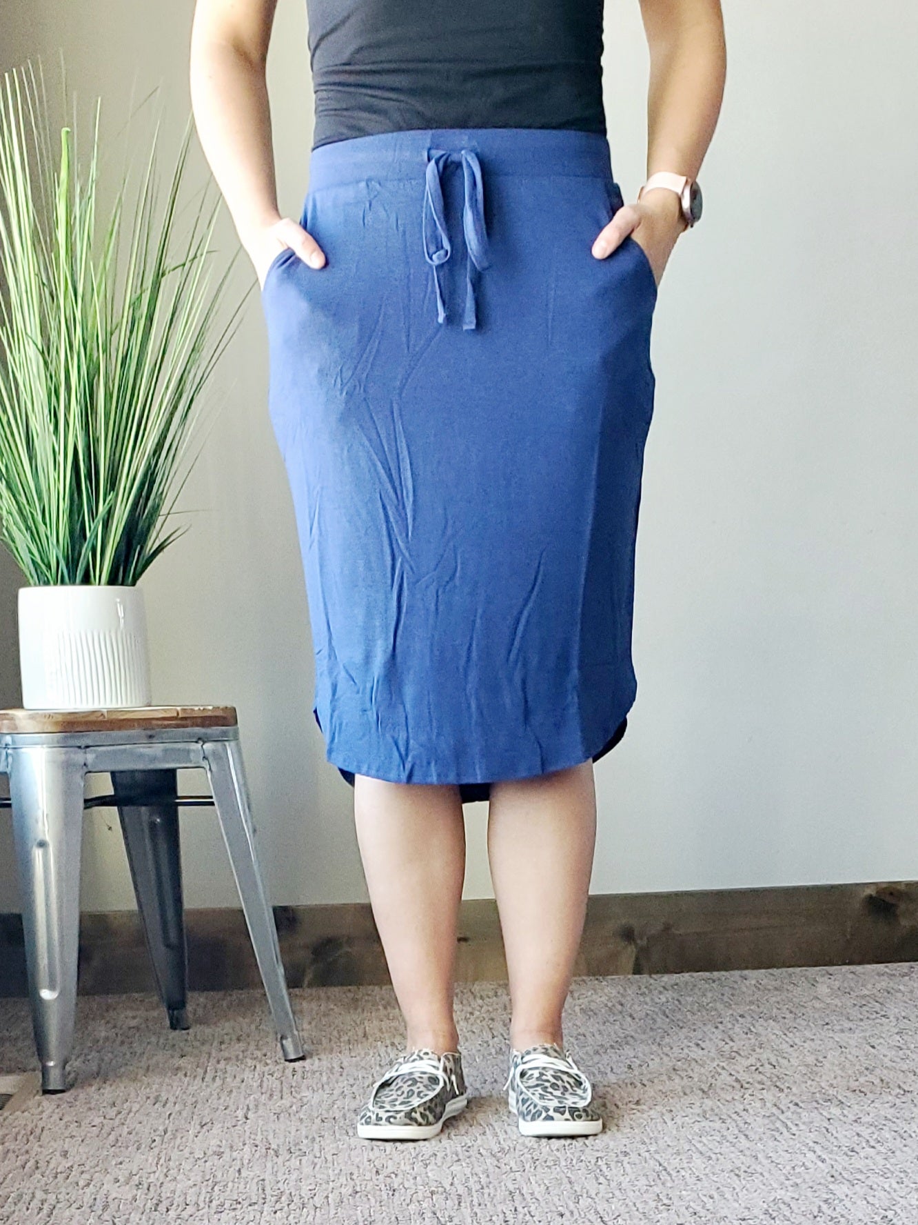 Royal Blue Elastic Waist Self Tie Hi-Low Hem Pocket Midi Skirt Classy Closet WOmen's Modest CLothing Boutique Near Me USA