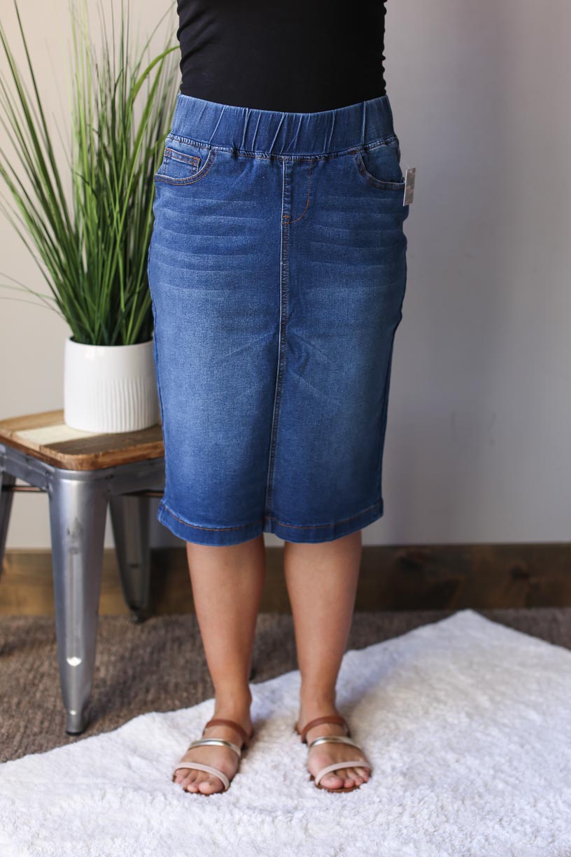 ELASTIC WAIST KNEE LENGTH DENIM SKIRT CLASSY CLOSET ONLINE SKIRT BOUTIQUE NEAR ME