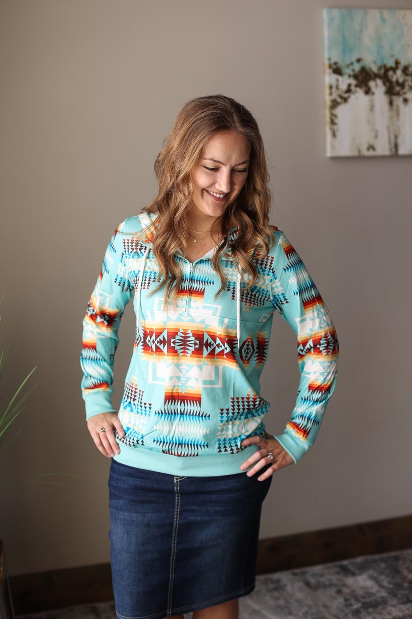 Teal Aztec Multi Quarter Zip Hooded Sweatshirt Women's Trendy Top for Casual Spring Outfit at Classy Closet Boutique Near Me