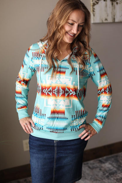 Teal Aztec Multi Quarter Zip Hooded Sweatshirt Women's Trendy Top for Casual Spring Outfit at Classy Closet Boutique Near Me