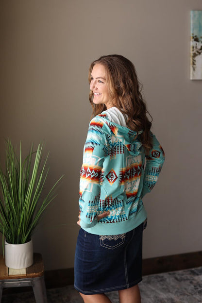 Teal Aztec Multi Quarter Zip Hooded Sweatshirt Women's Trendy Top for Casual Spring Outfit at Classy Closet Boutique Near Me