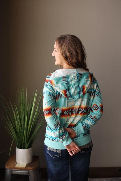 Teal Aztec Multi Quarter Zip Hooded Sweatshirt Women's Trendy Top for Casual Spring Outfit at Classy Closet Boutique Near Me