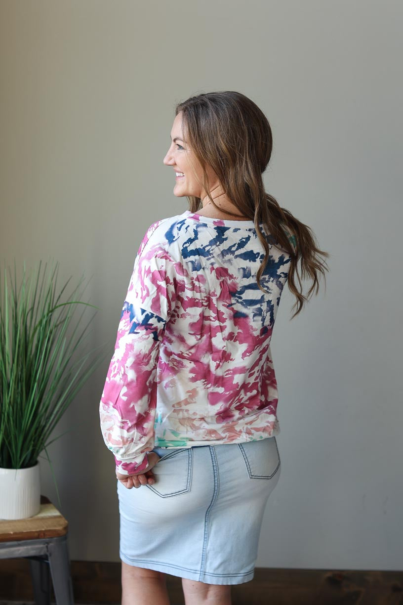 Multi Tie Dye Long Sleeve Sweatshirt Top for Everyday Casual Mom Style at Classy Closet Online Modest Christian Boutique Near Me