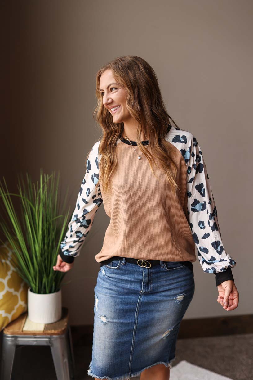 Khaki Leopard Colorblock Long Sleeve Top Women's Modest Clothing Classy Closet Boutique Near Me