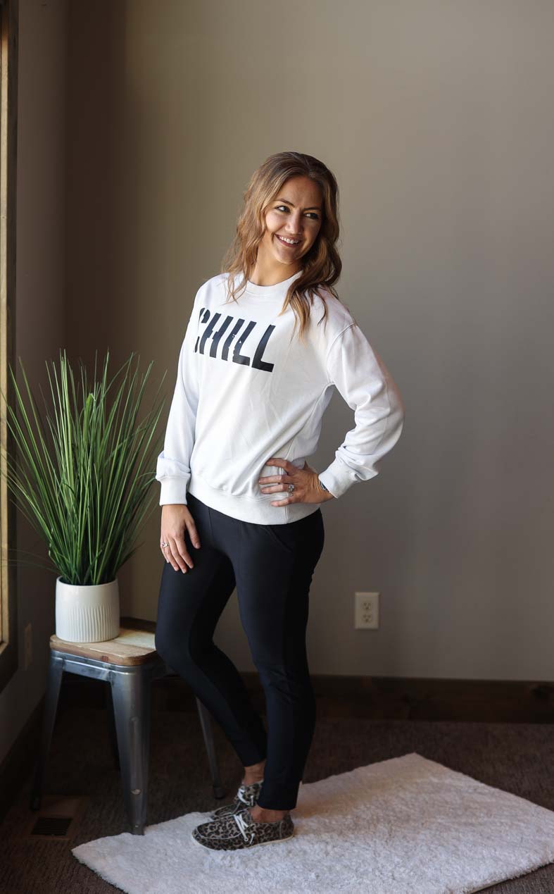 White "CHILL" Crewneck Sweatshirt for Cute, Comfy Modest Style at Classy Closet BOutique Near Me