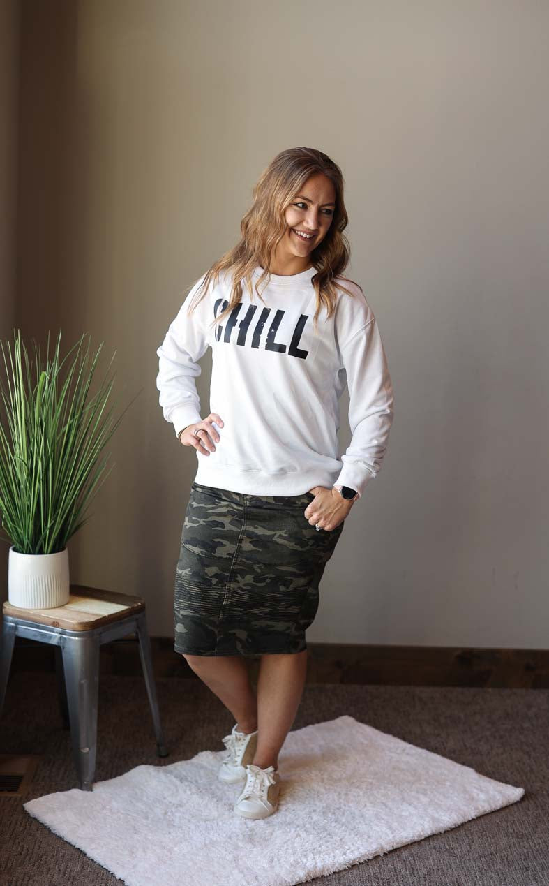 White "CHILL" Crewneck Sweatshirt for Cute, Comfy Modest Style at Classy Closet BOutique Near Me