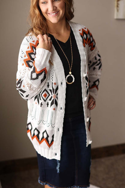 White Aztec Lightweight Sweater Cardigan Women's Trendy Feminine Tops at Classy Closet Boutique Near Me