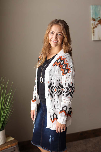 White Aztec Lightweight Sweater Cardigan Women's Trendy Feminine Tops at Classy Closet Boutique Near Me