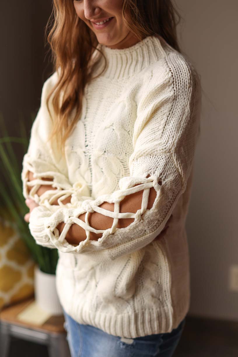 Ivory Mock Neck Ladder Sleeve Detail Cable Knit Sweater • S-3XL PLUS Women's Winter Sweaters Classy Closet Boutique Near Me