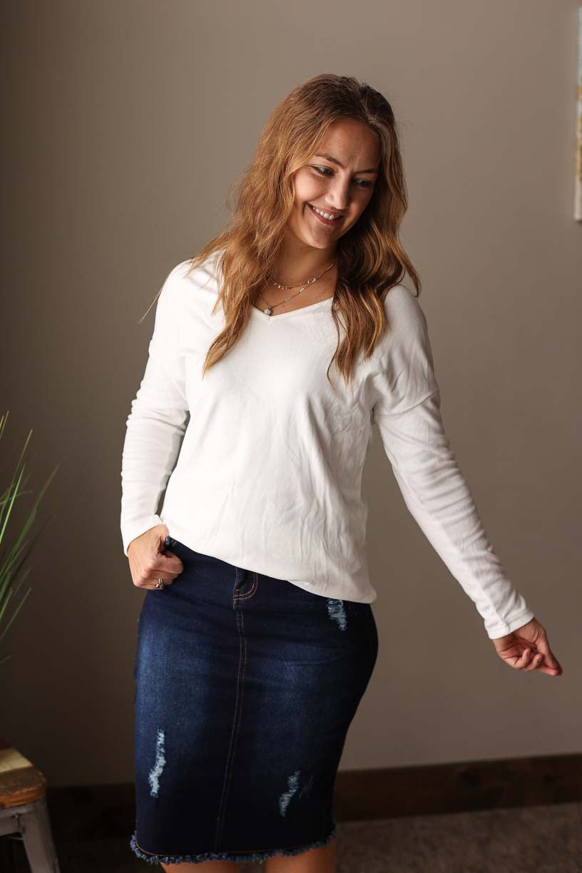 White V-Neck Long Sleeve Top for Women's Cute Clothing at Classy Closet Online Boutique Near Me