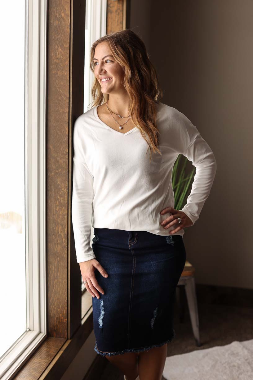 White V-Neck Long Sleeve Top for Women's Cute Clothing at Classy Closet Online Boutique Near Me