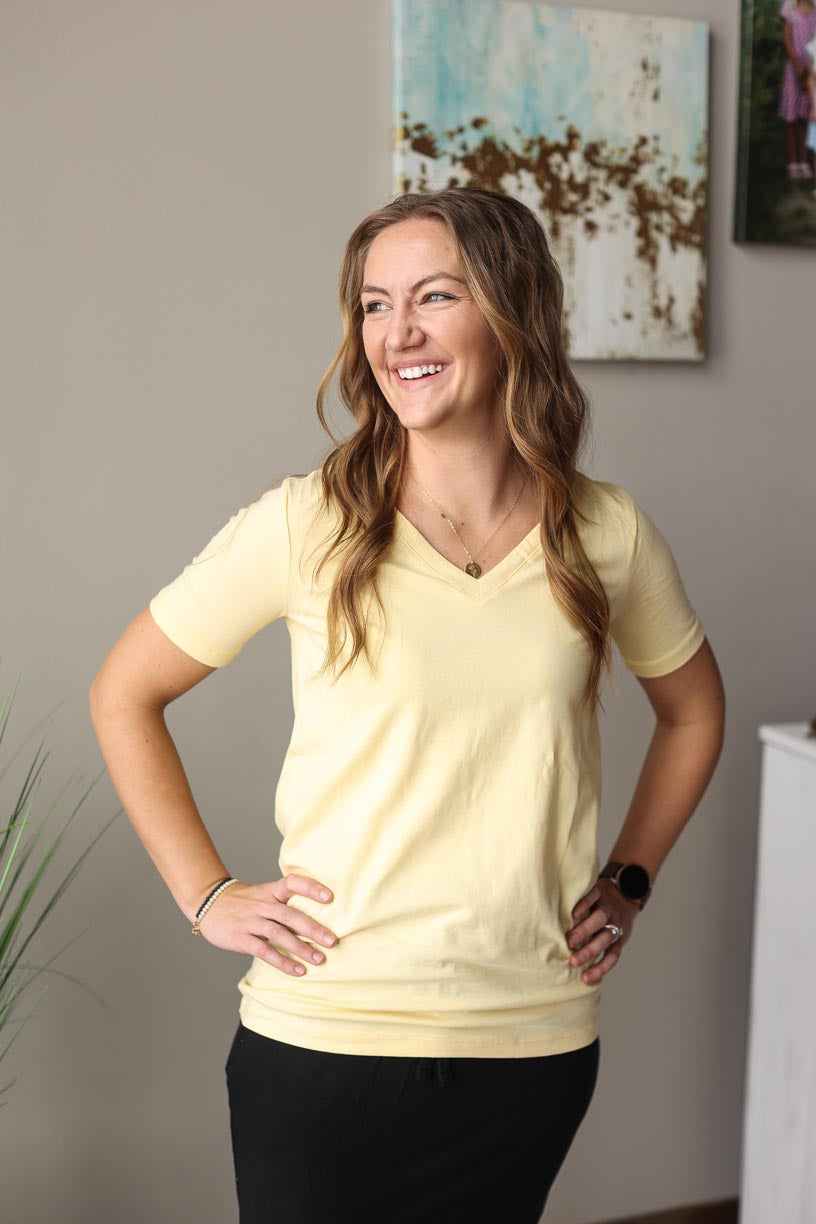 Yellow V-Neck Short Sleeve Boutique Basic Layering Top for Women's Modest Fashion Boutique Classy Closet